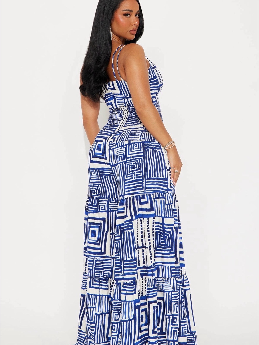 Fashion Nova Blue and White Geometric Tie-Front Jumpsuit - Picture 2 of 3